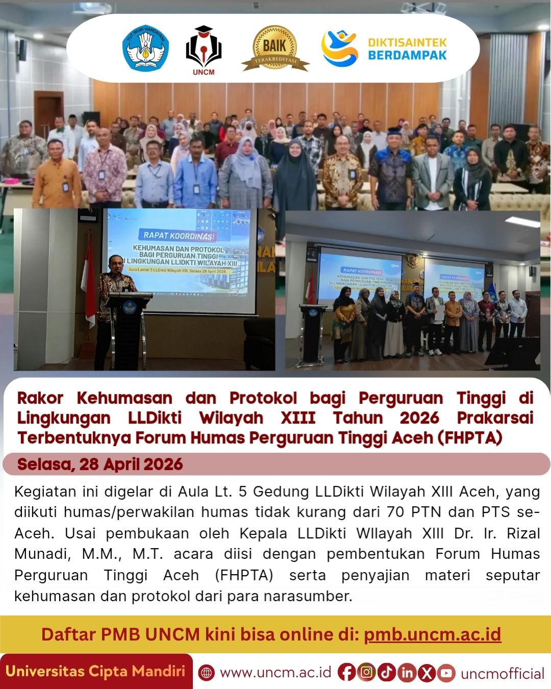 Rakor Kehumasan dan Protokol bagi Perguruan Tinggi di Lingkungan LLDikti Wilayah XIII Tahun 2026 Prakarsai Terbentuknya Forum Humas Perguruan Tinggi Aceh (FHPTA)